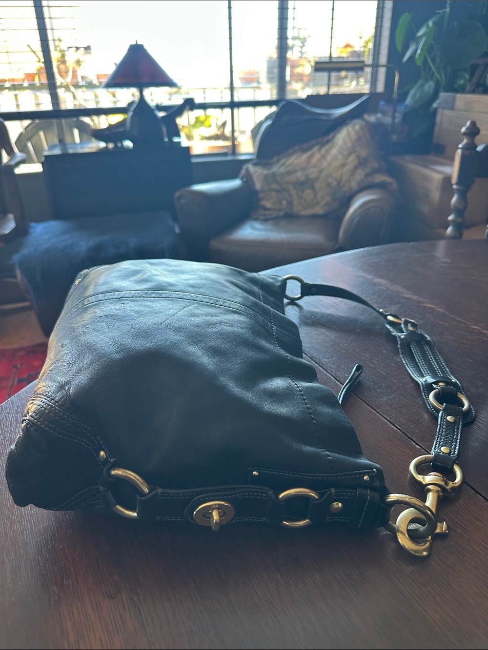 Coach CARLY Black Leather Hobo with lots of cool Brass Hardware. Elegant luxury - Picture 11 of 16
